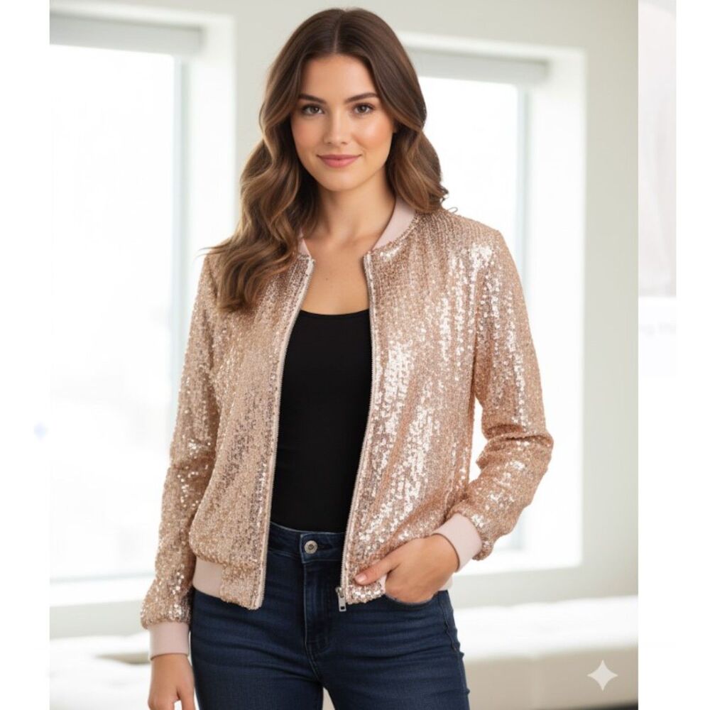 W.A.Y Wonderful & Young Bomber Jacket NWOT Taupe Sequin Lined Full Zip Size M